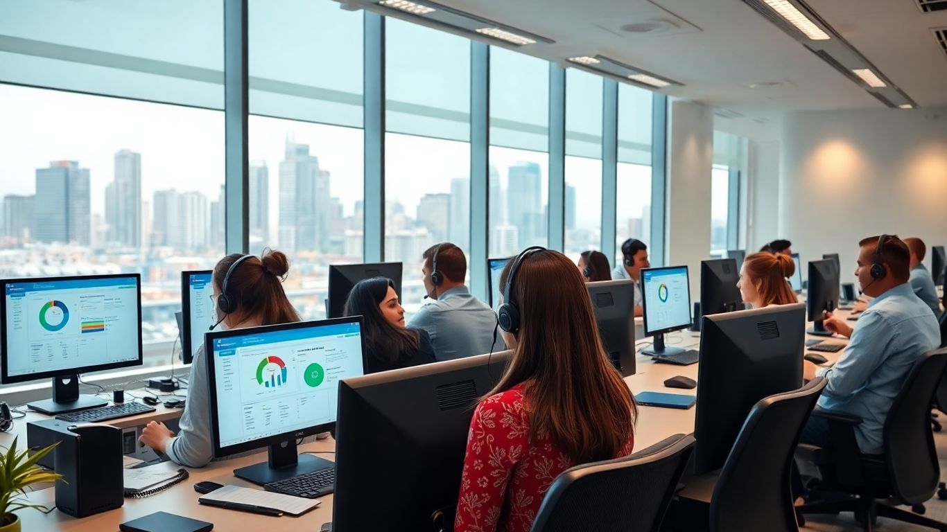 Call center agents in Mexico using CRM tools.