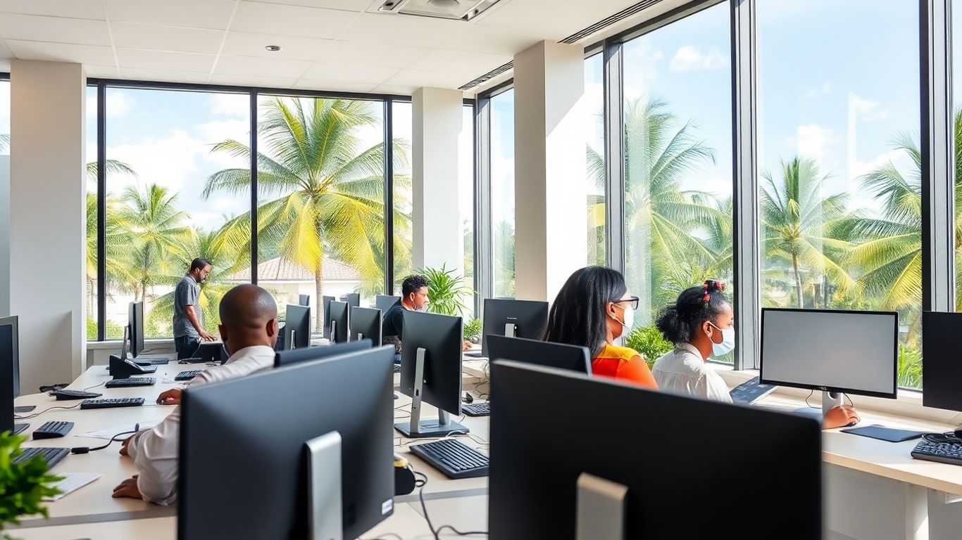 Belize call center office with palm trees outside
