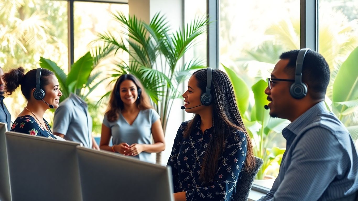 Belize call center team collaborating in modern office