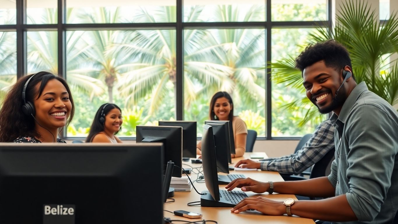 Belize call center employees in bright, tropical office