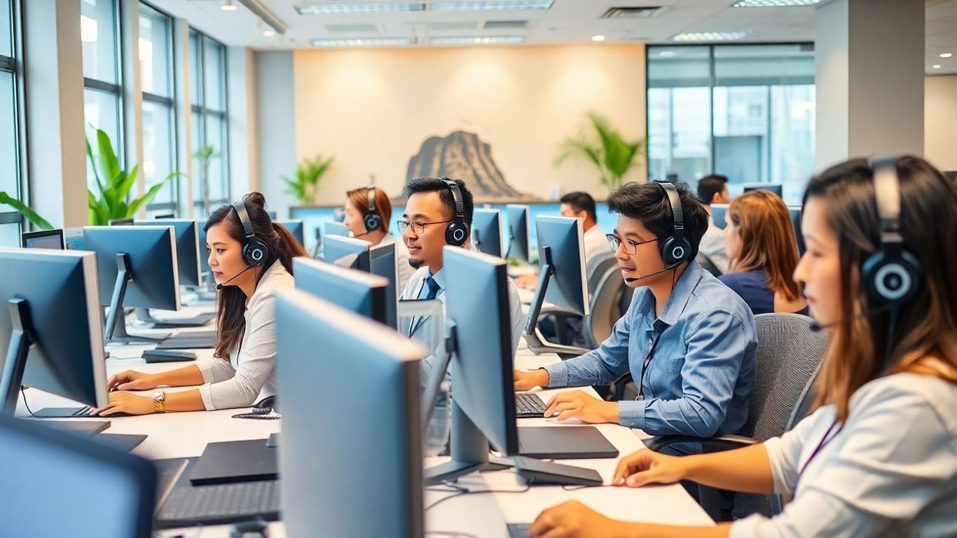 Filipino call center agents working in modern office