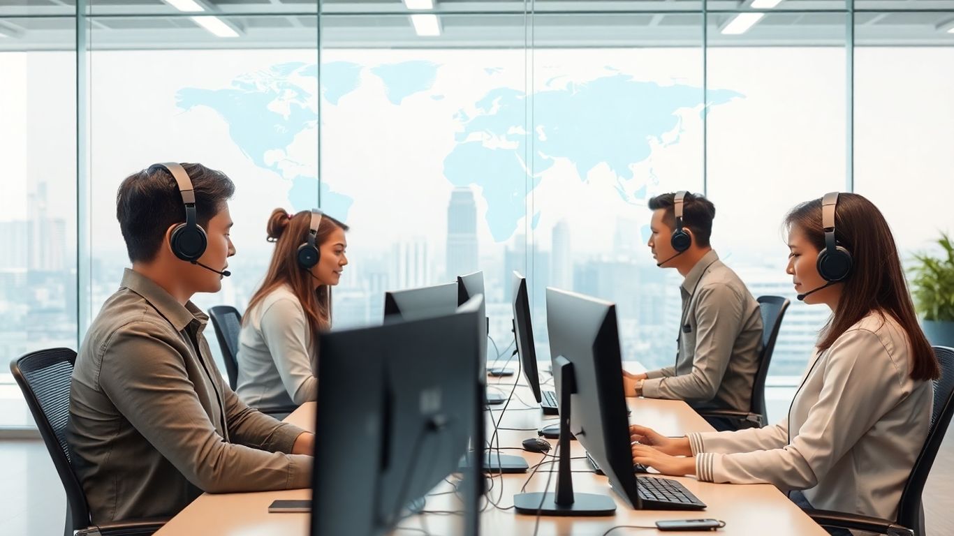 Philippine call center agents collaborating in modern high-tech office