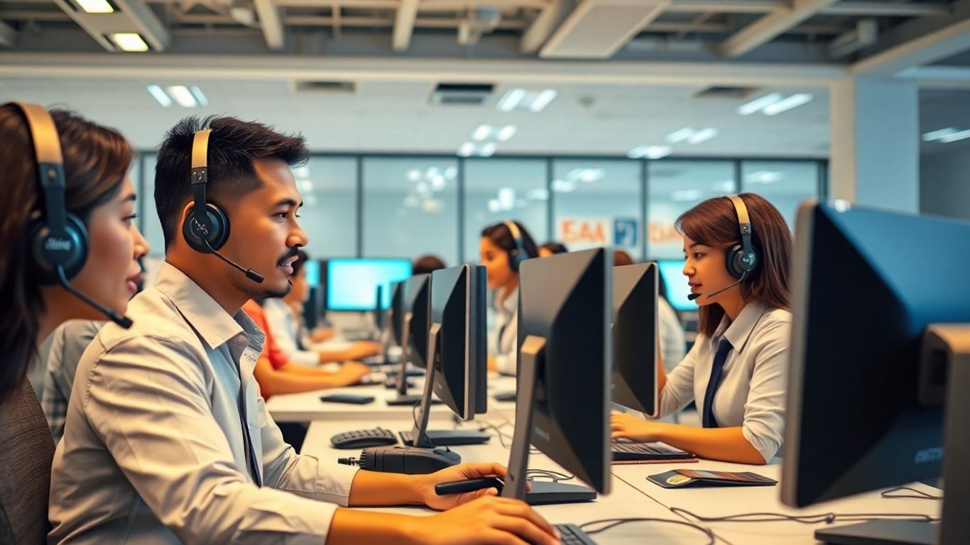 Filipino call center agents working in a modern office