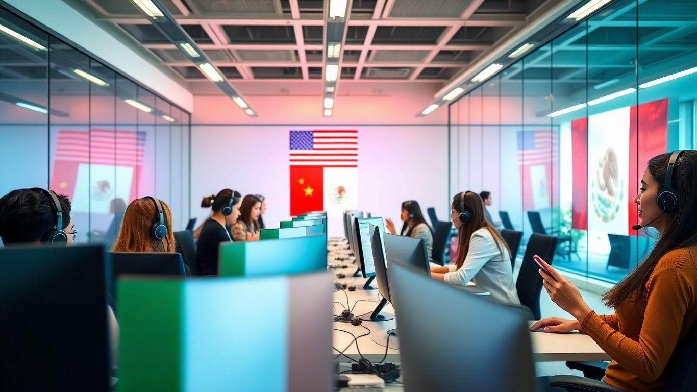 Modern Mexican call center with diverse agents working