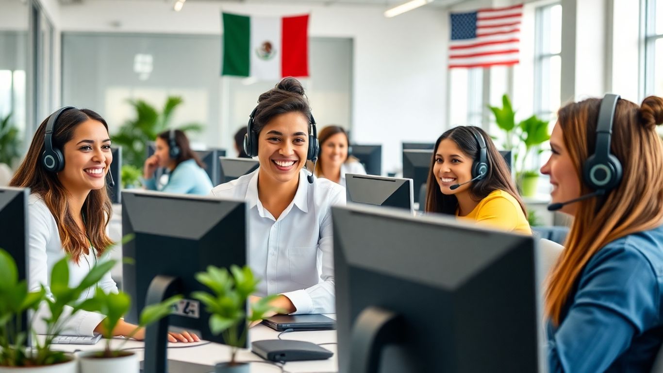Mexican call center agents collaborating professionally in office
