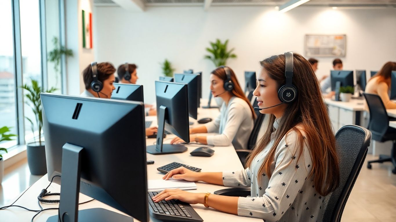 Modern Mexico call center agents working in high-tech office