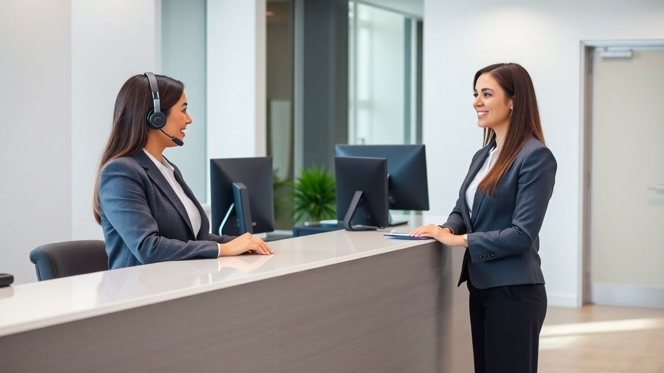 Law firm receptionist assisting business client with technology