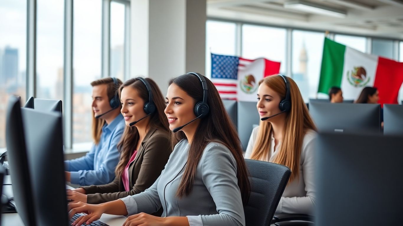 US and Mexico call center agents working together.