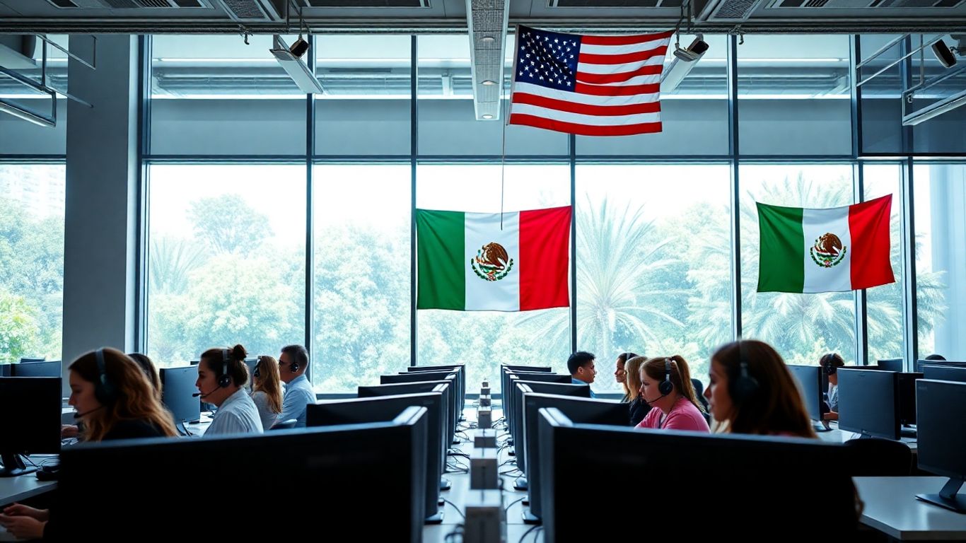 Call center agents with US and Mexican flags