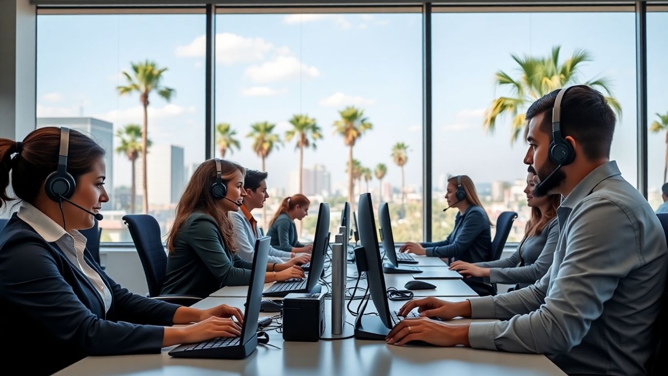 Mexico call center agents working in sunny modern office