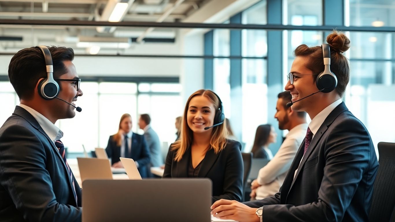 Call center managers collaborating in a modern office setting
