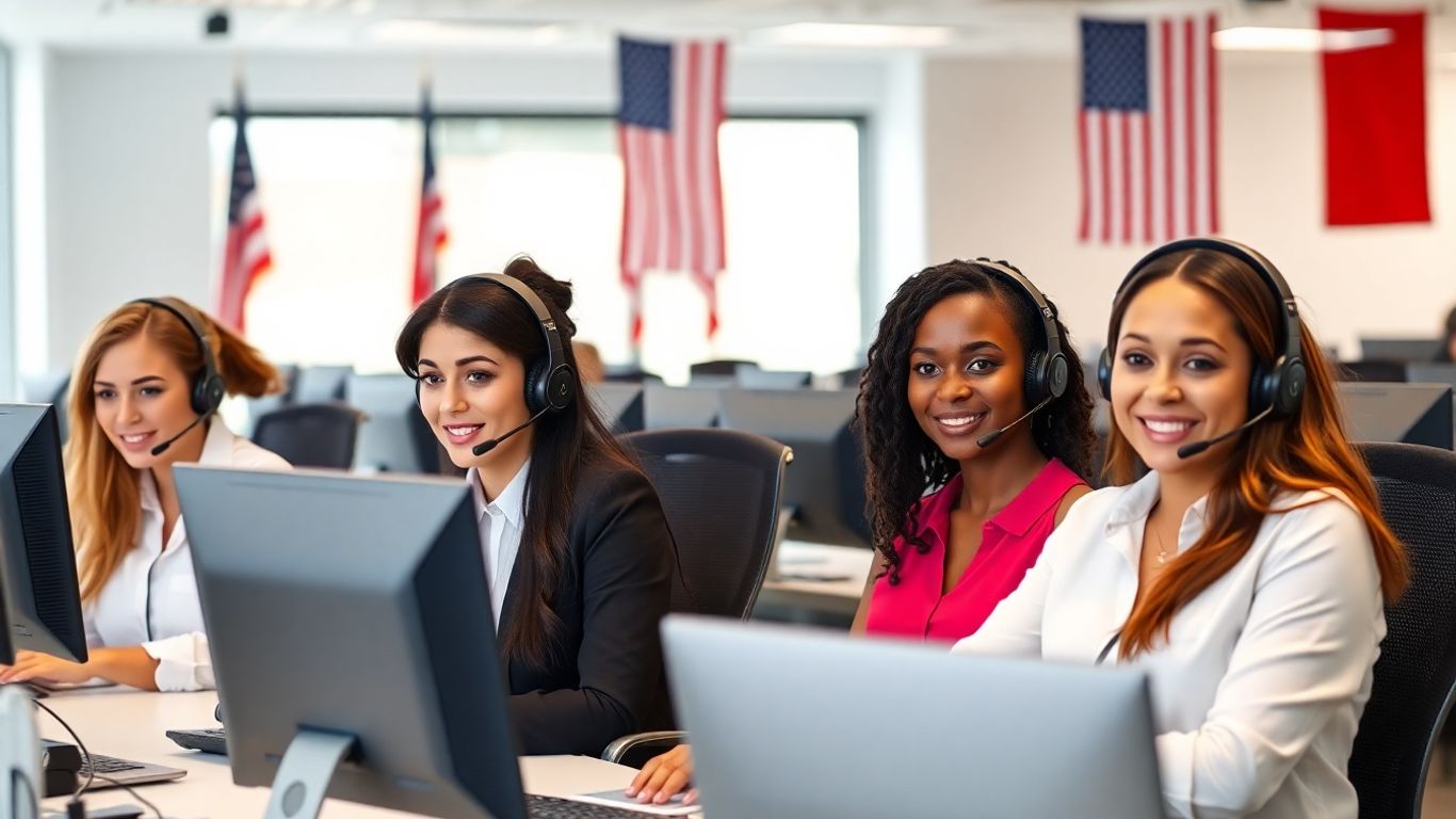Customer service agents at desks in US office