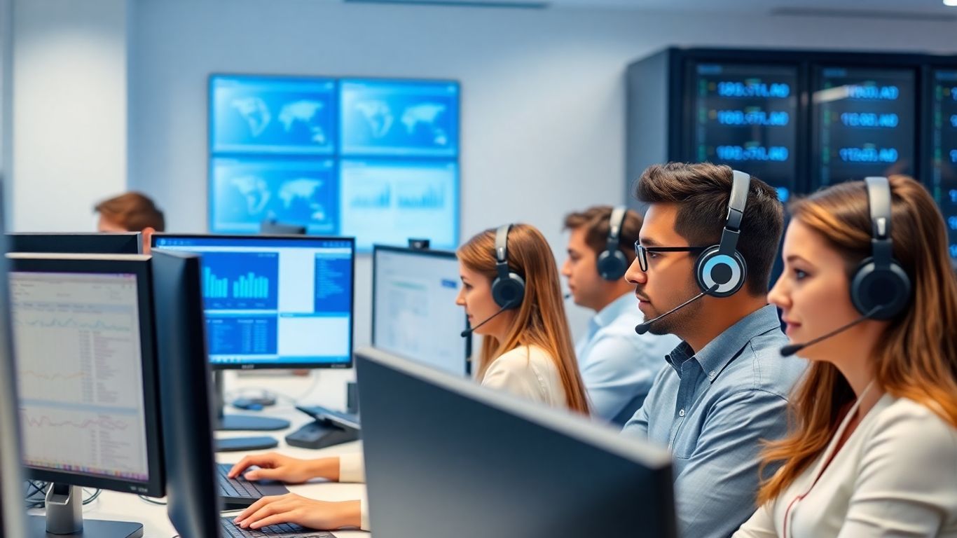 Call center agents with advanced technology in office