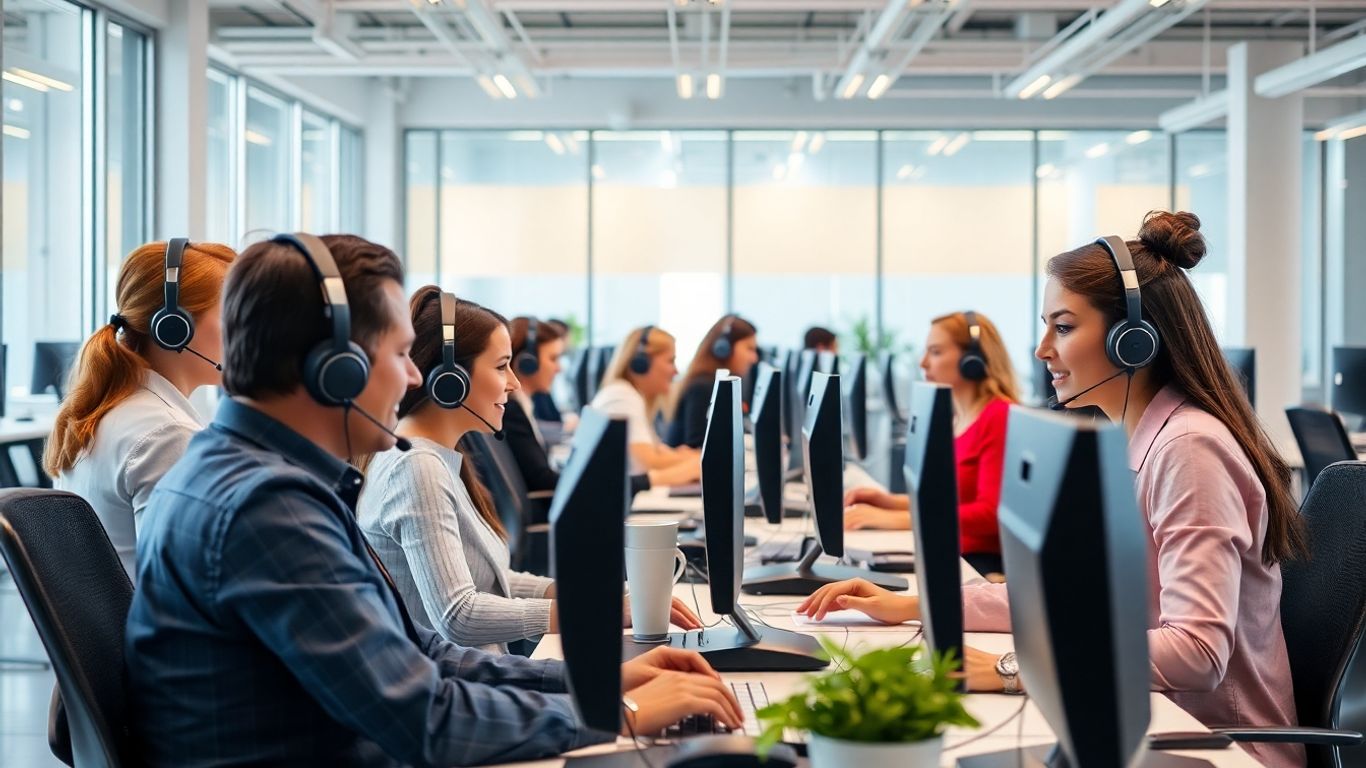 Modern US call center agents assisting customers