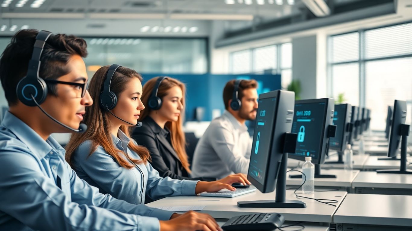 Call center agents with secure computer monitors, modern workspace