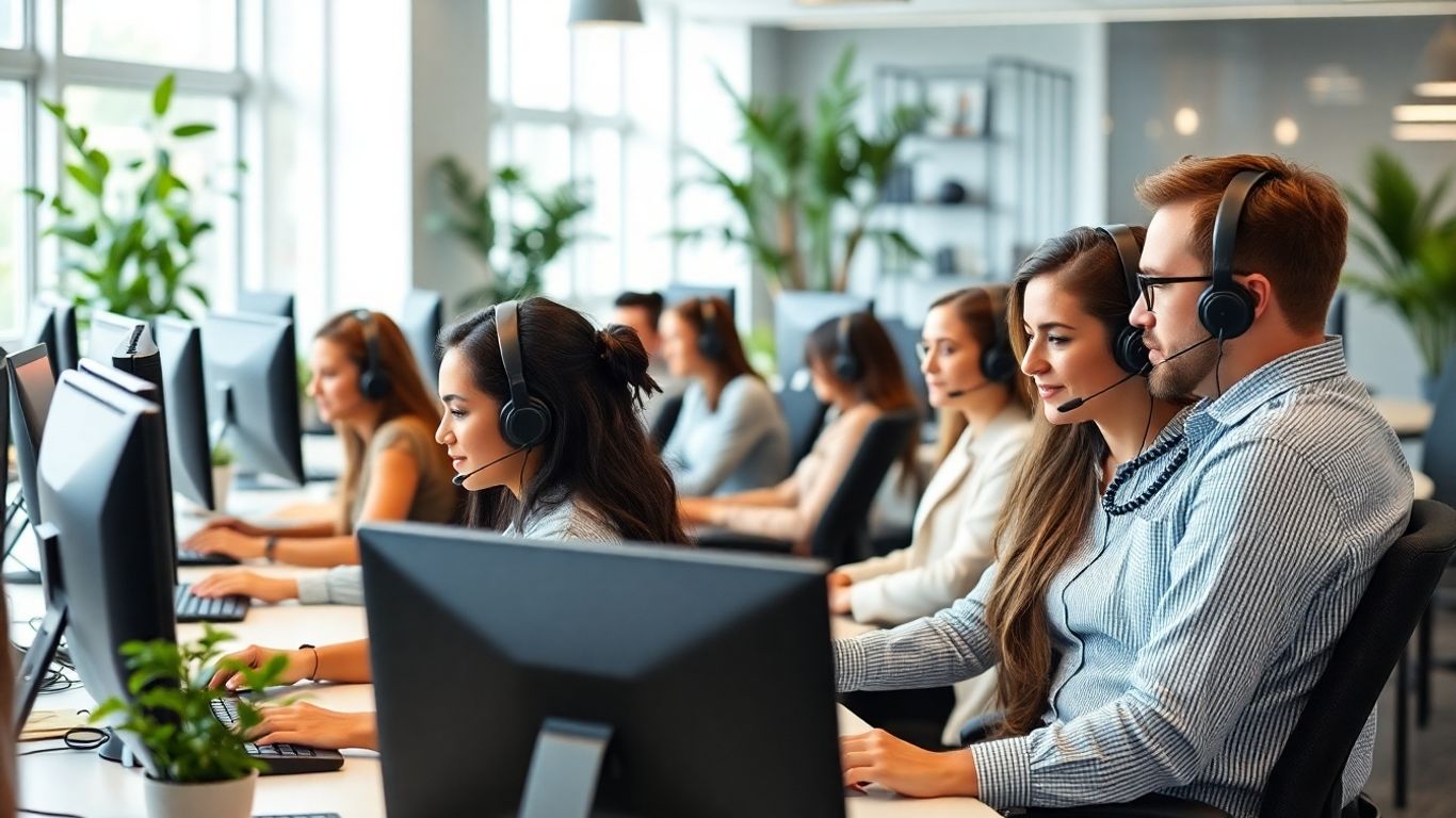 Call center agents with headsets working together in office.