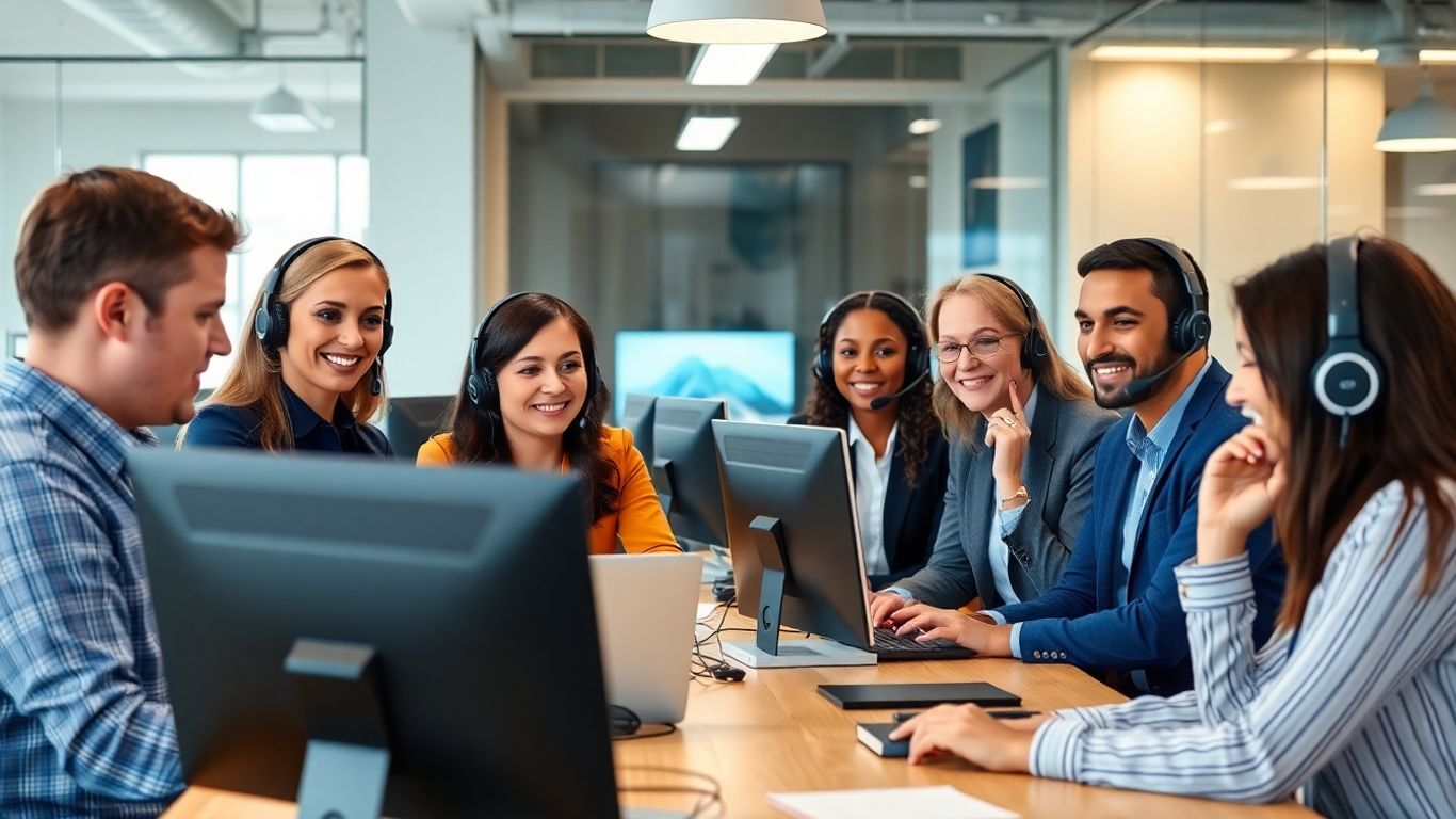 Call center agents collaborating during team meeting