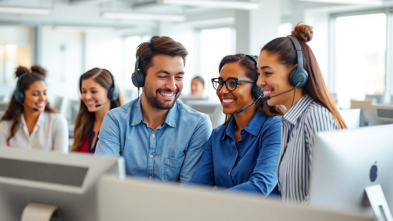 Call center agents working together in modern office.