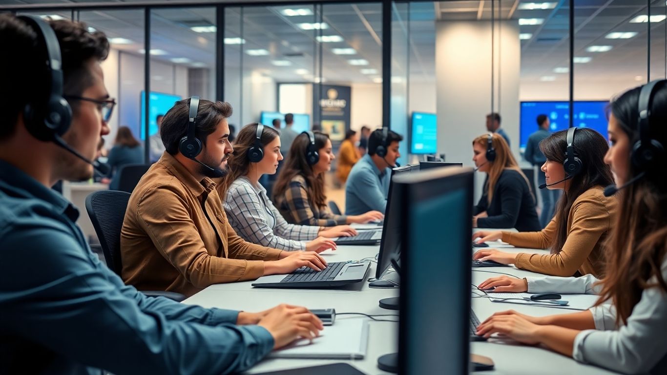 Call center agents with headsets in modern office.
