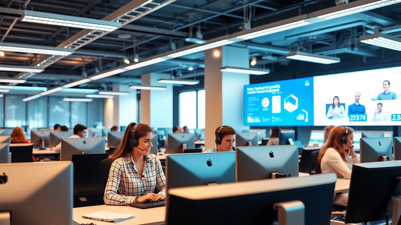 Modern call center agents at computers with headsets