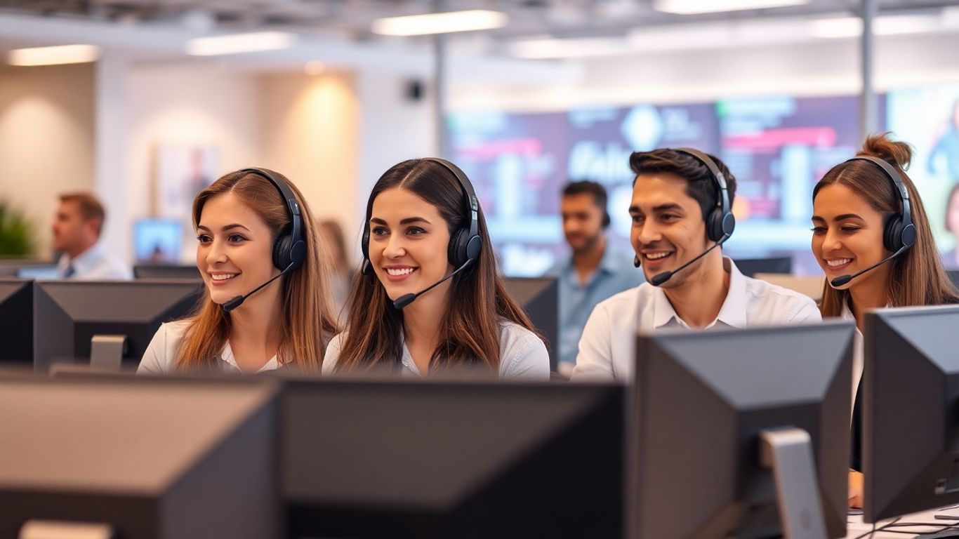 Team of call center agents at workstations