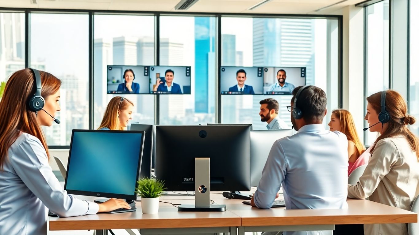 Team using headsets in bright modern office