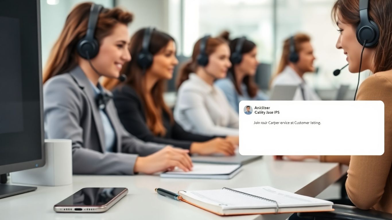 Call center agents using computers and phones to assist customers.