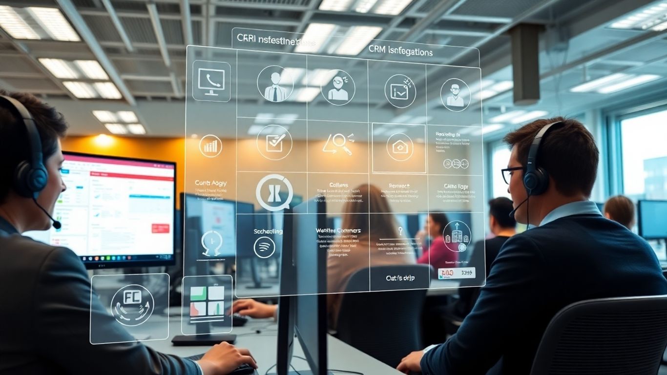 Call center agents using CRM tools at desks