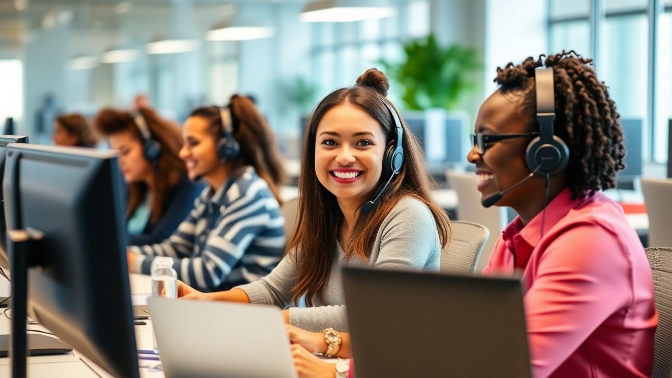 Smiling call center agents at modern workstations
