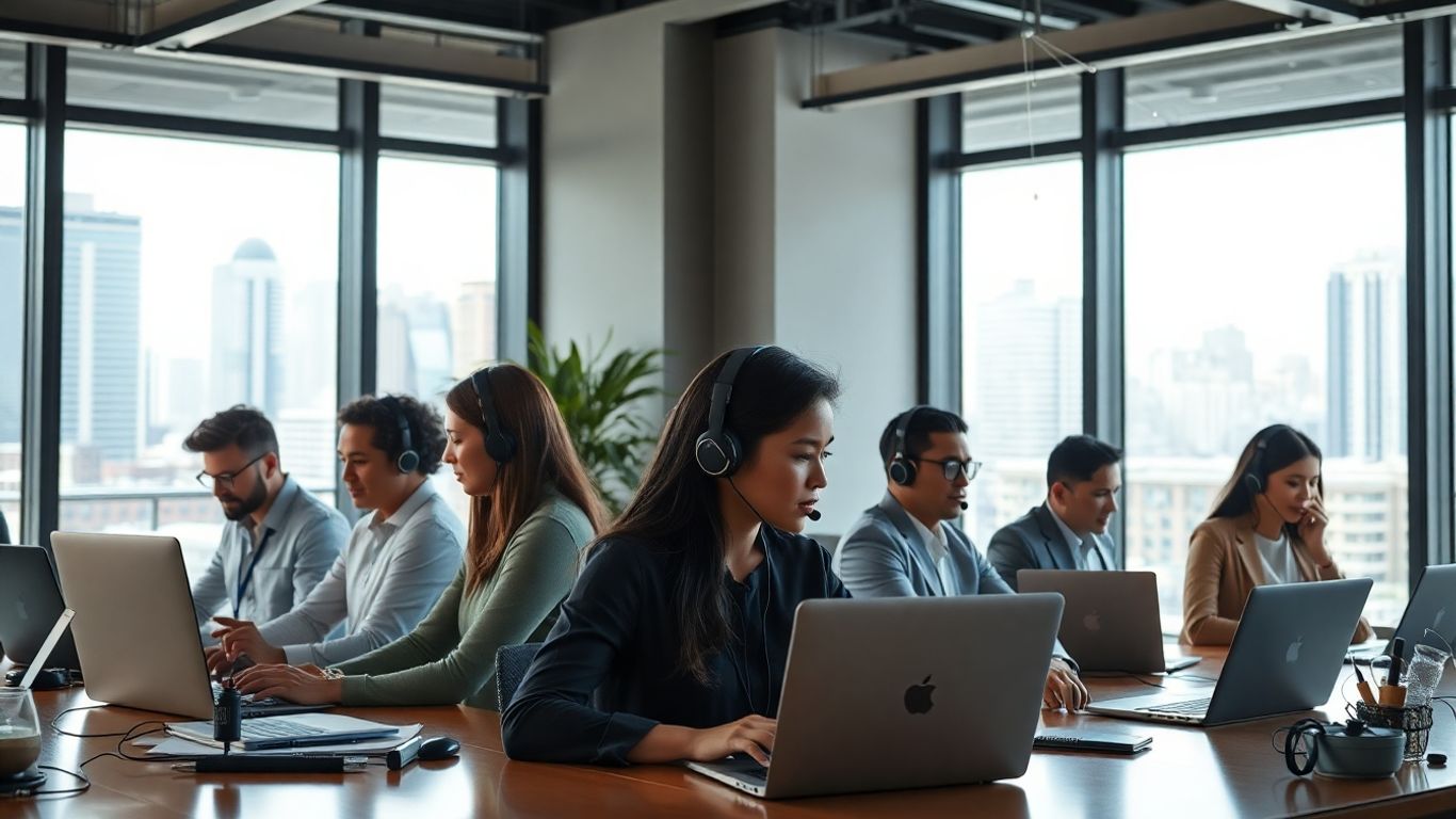 Remote team members on headsets in modern offices