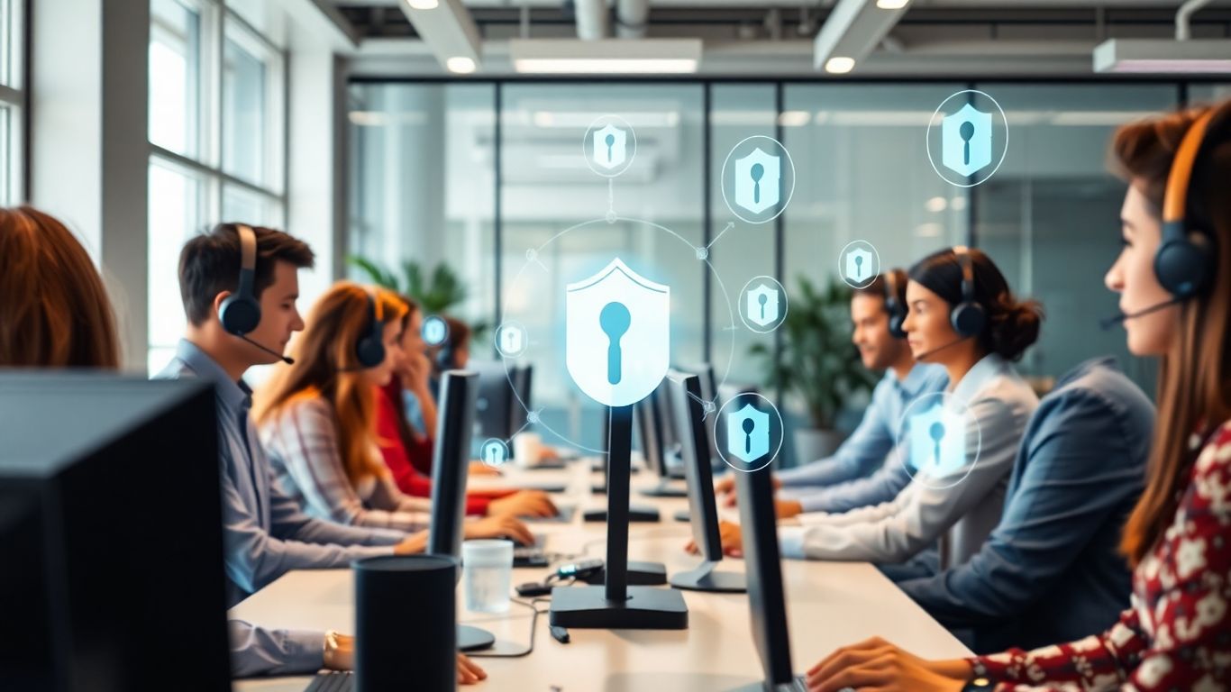 Team of call center agents in secure workspace