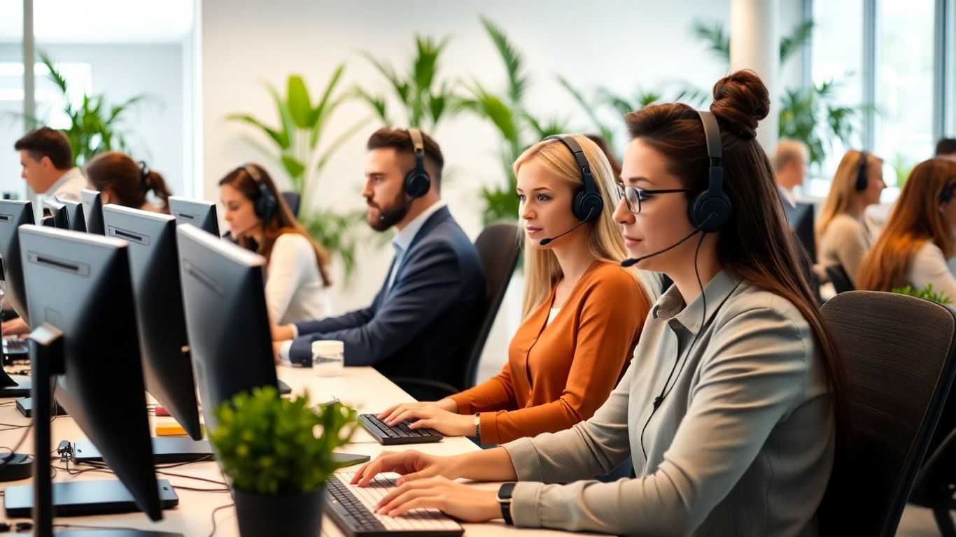 Customer service team working at computers with headsets