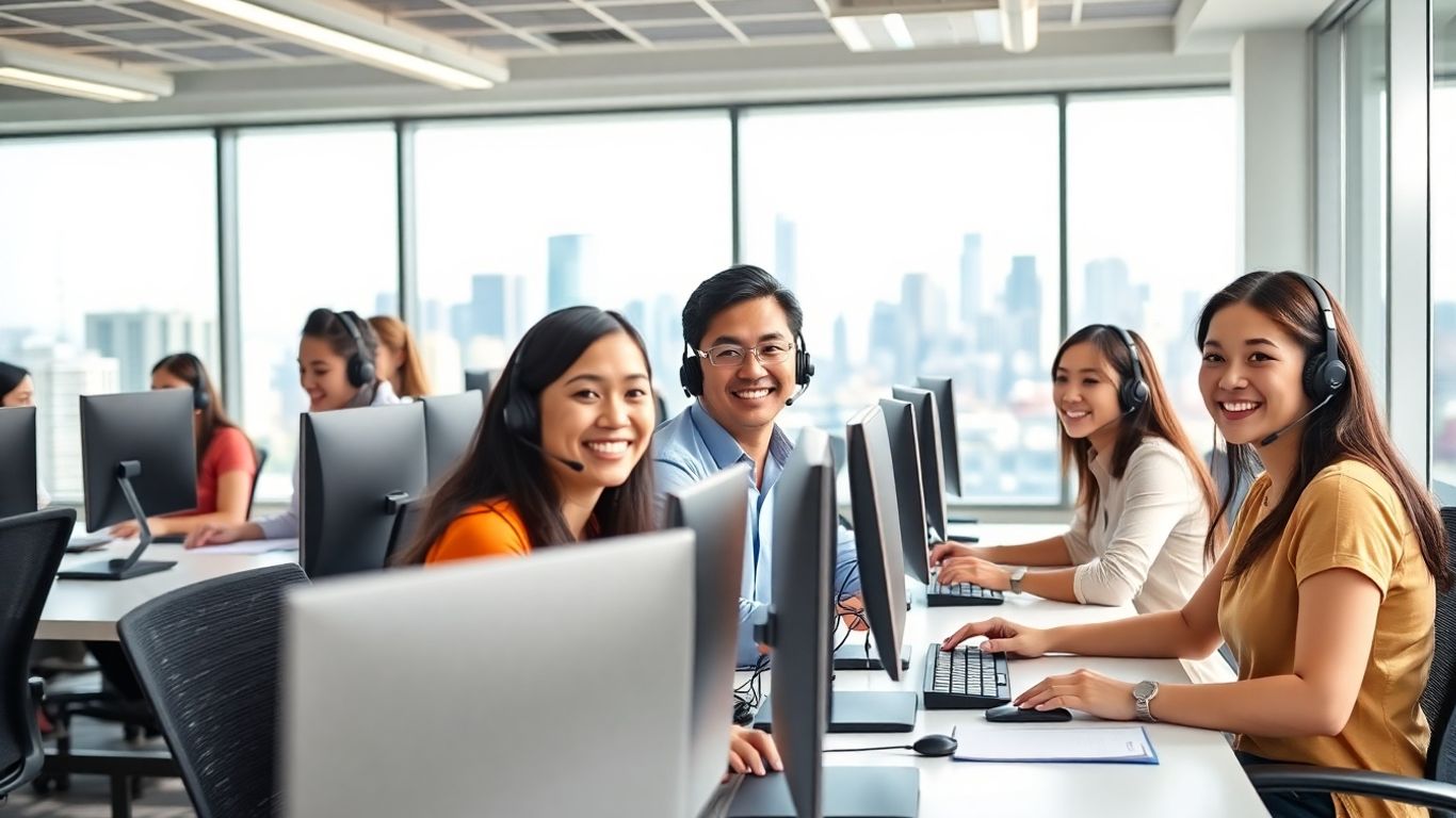 Filipino call center agents working in modern office