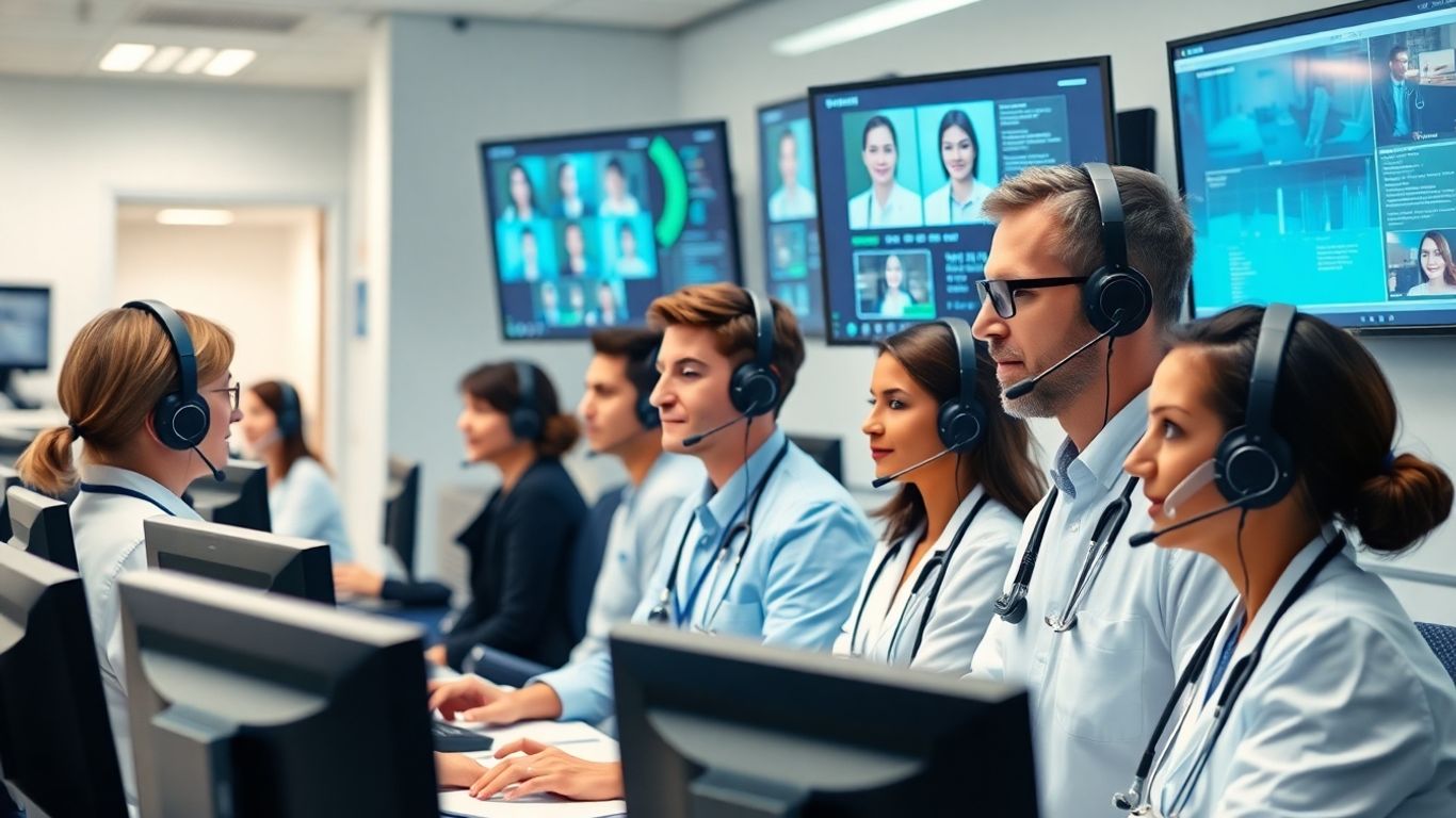 Healthcare call center agents with AI in hospital setting