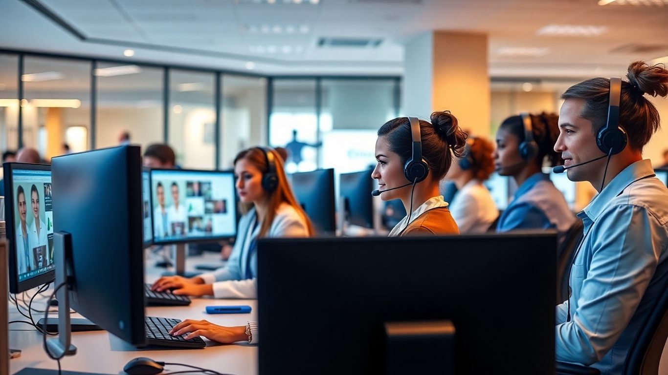 Healthcare call center agents assisting patients in modern office