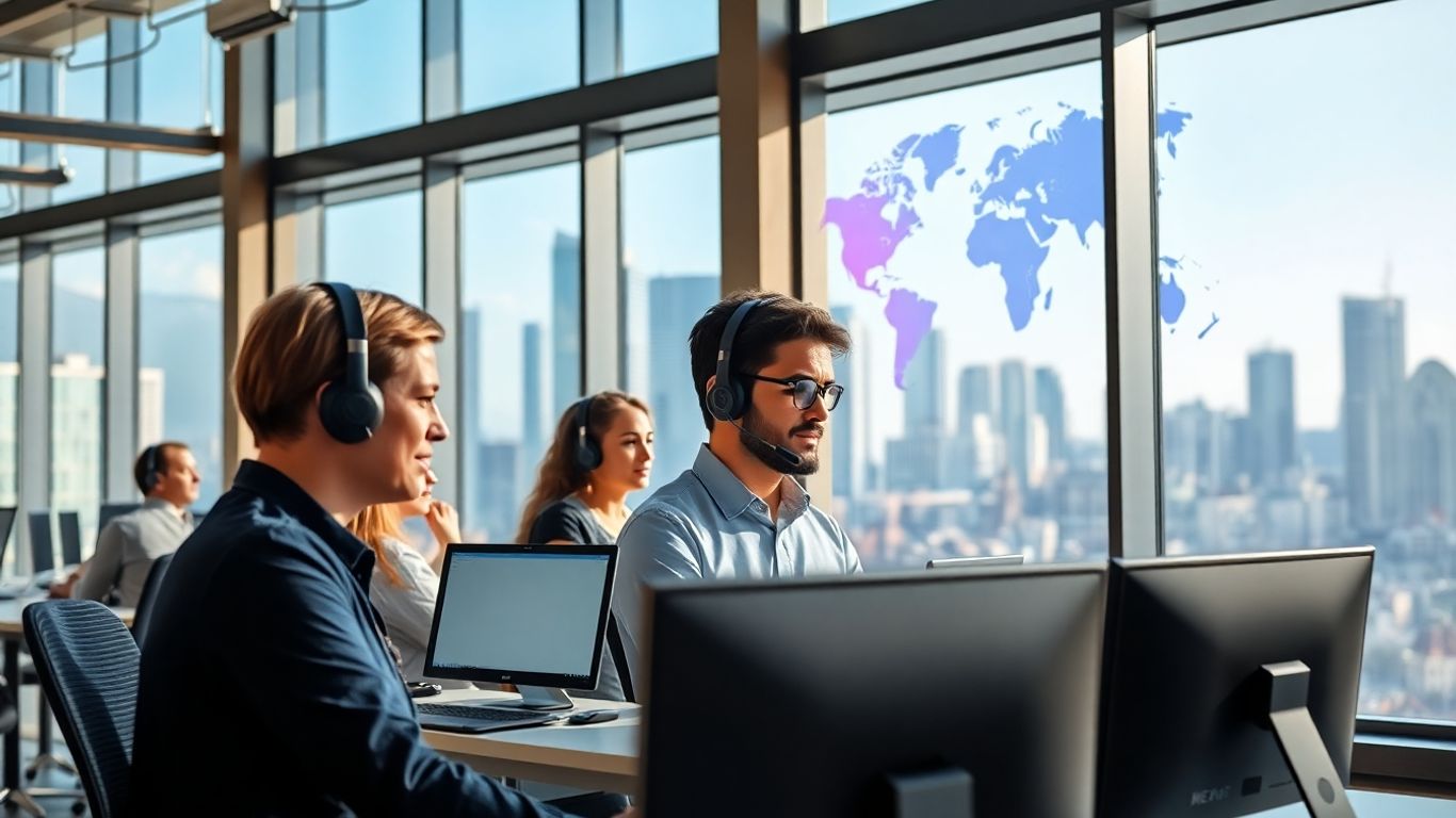 Diverse professionals at computers in a modern office