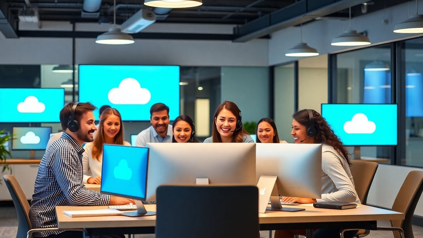 Team setting up cloud call center computers together