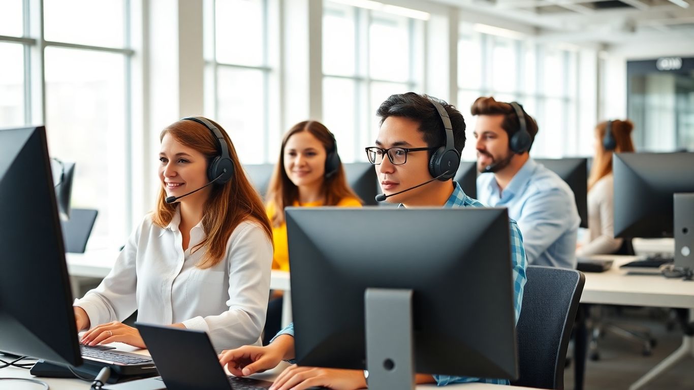 Diverse call center agents using headsets in modern office
