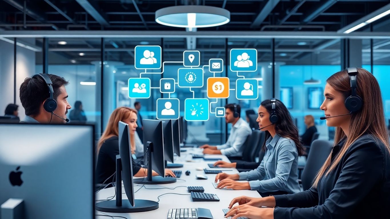 Diverse call center agents using cloud technology in office