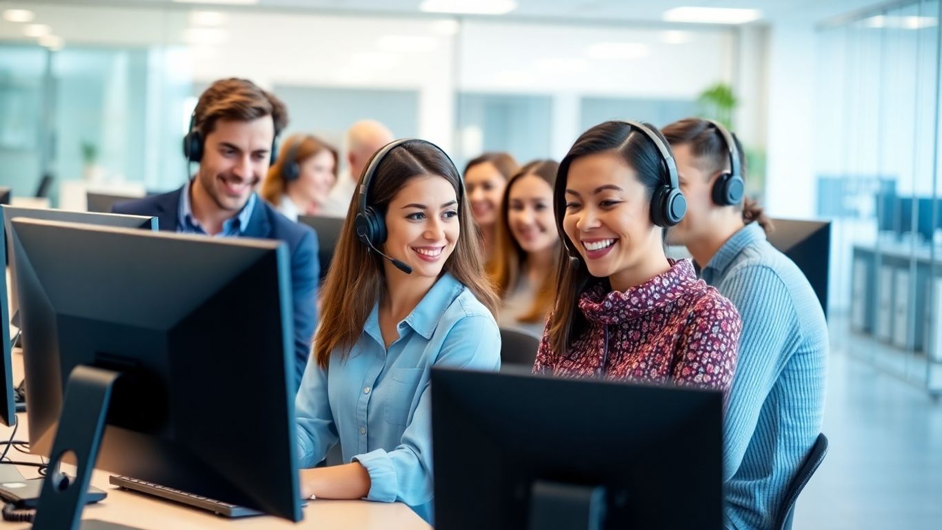 Small business call center with people at computers