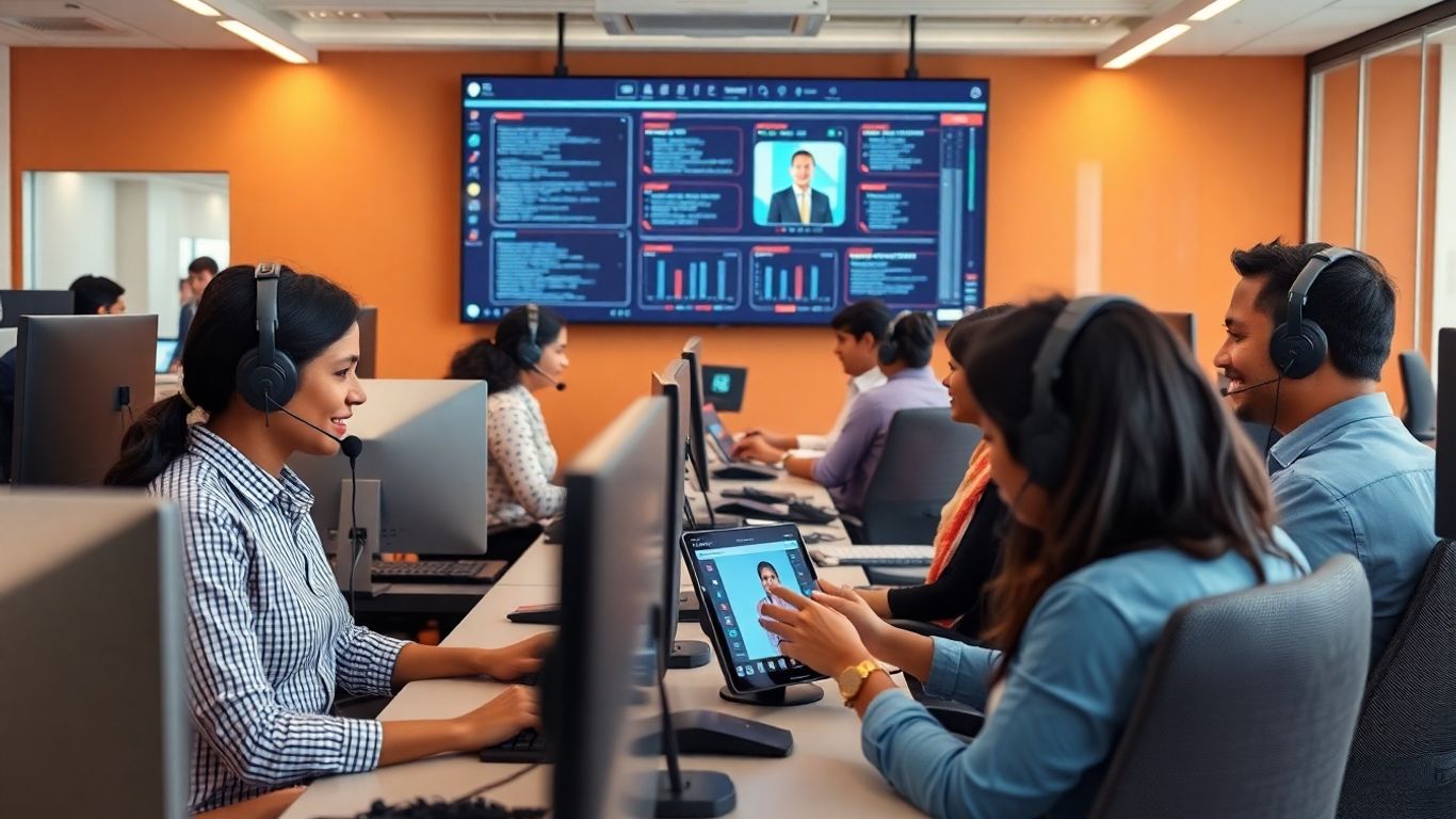 Indian call center agents with interactive digital interface.