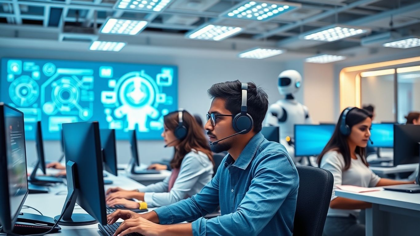 Indian call center staff with AI technology and robots