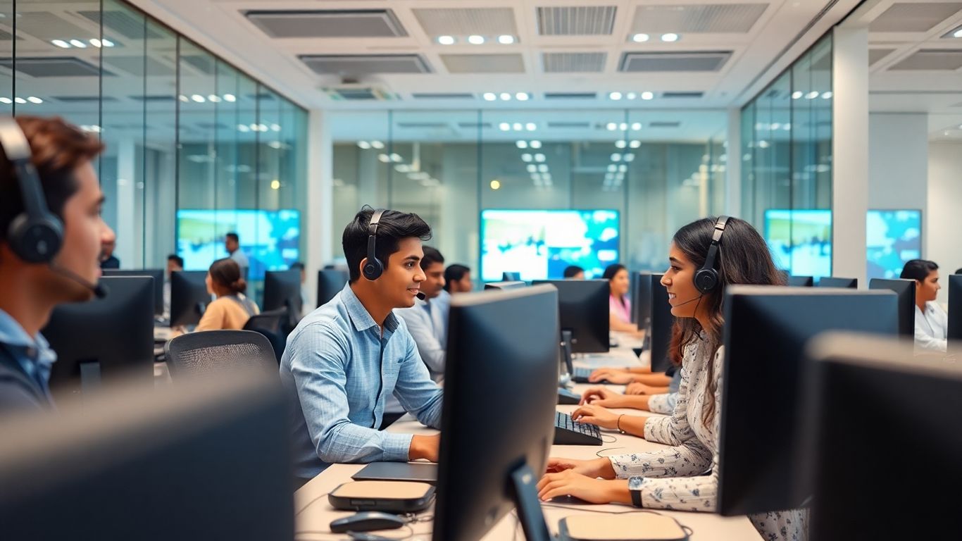 Modern Indian call center staff at work desks