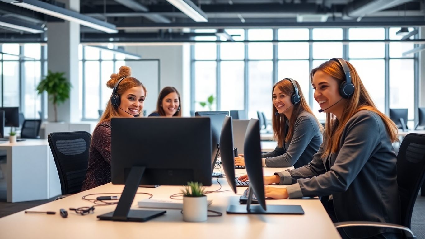 Happy call center team working in modern office