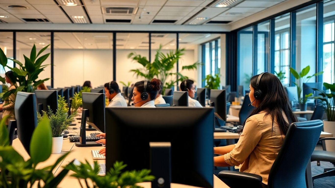 Modern call center employees working in a bright office.