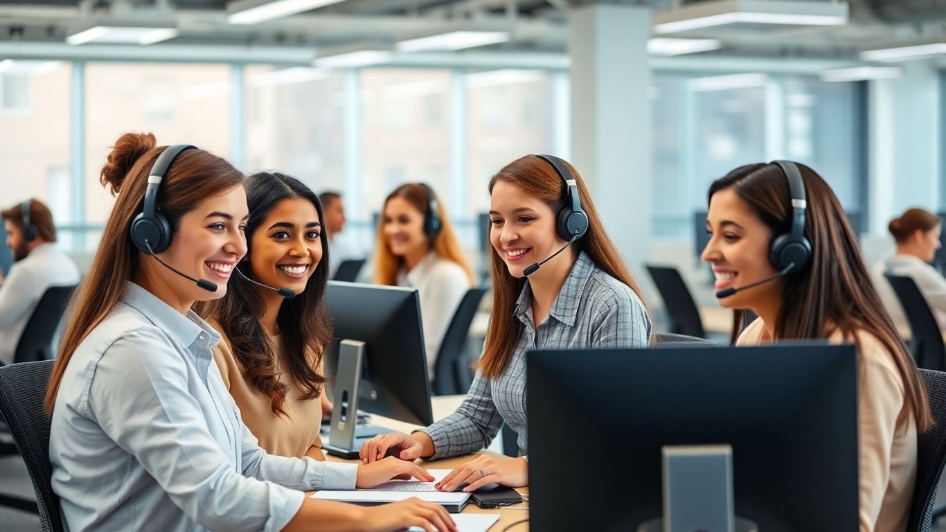 Smiling call center agents at work in modern office