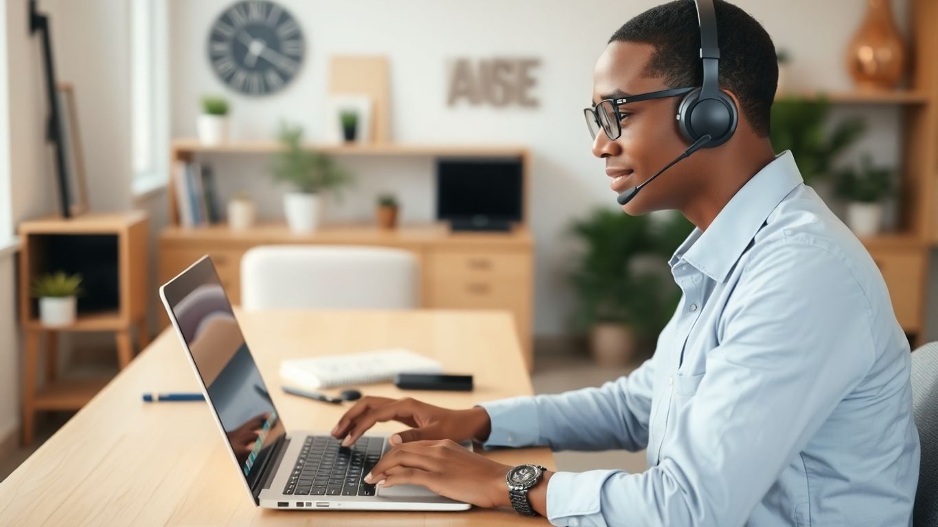 Remote call center agent working from home office