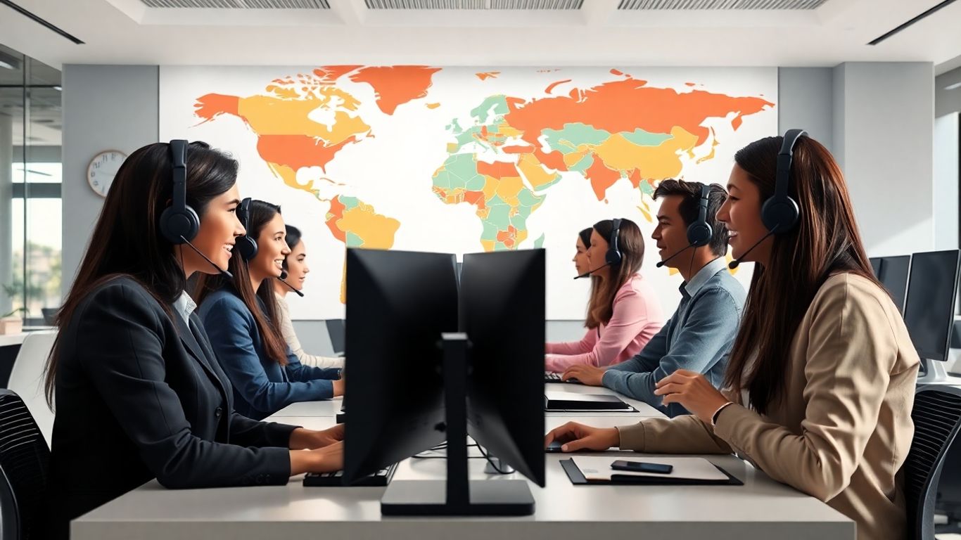 Global call center agents working in modern office