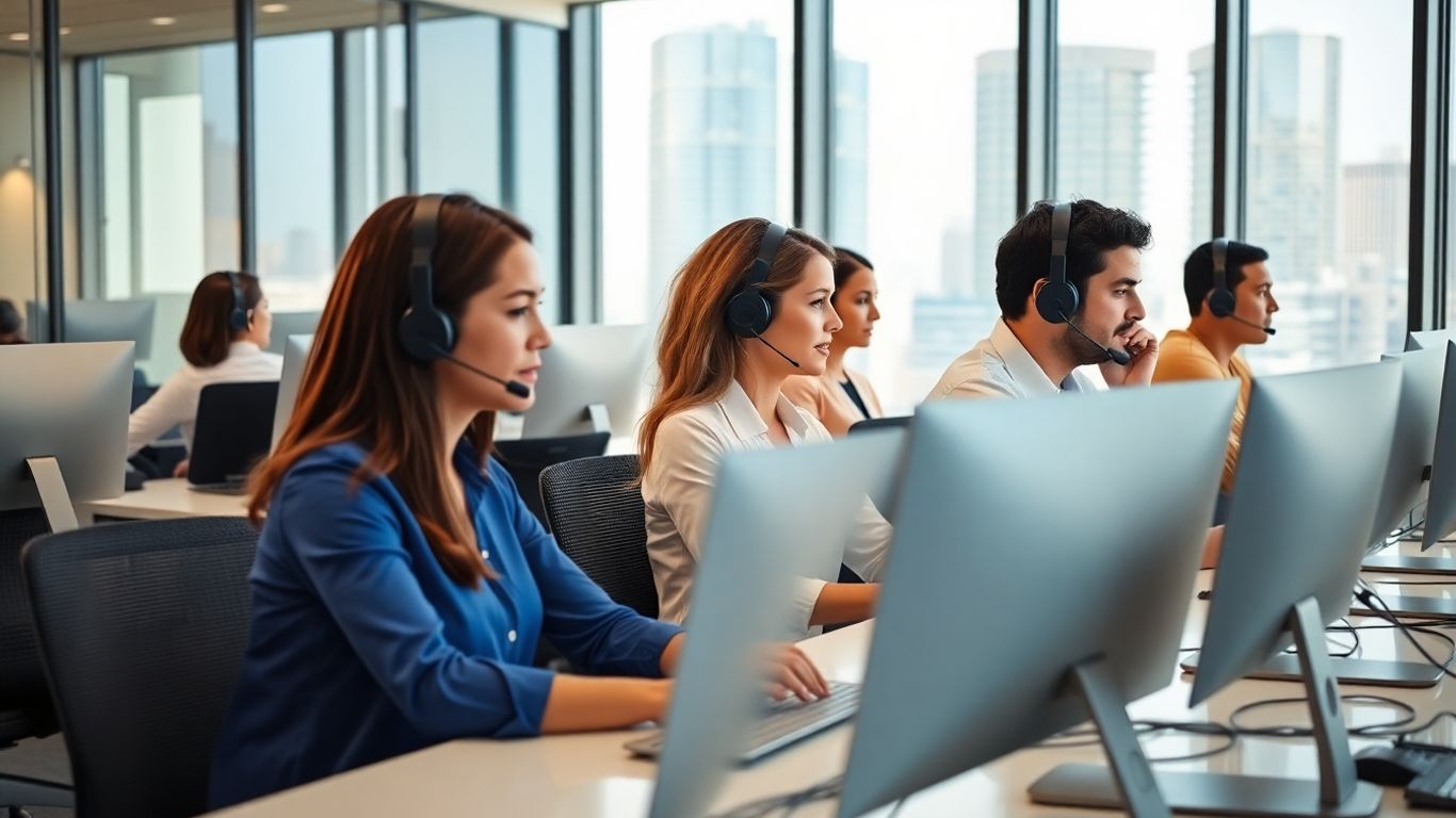 Diverse call center agents working in a modern office