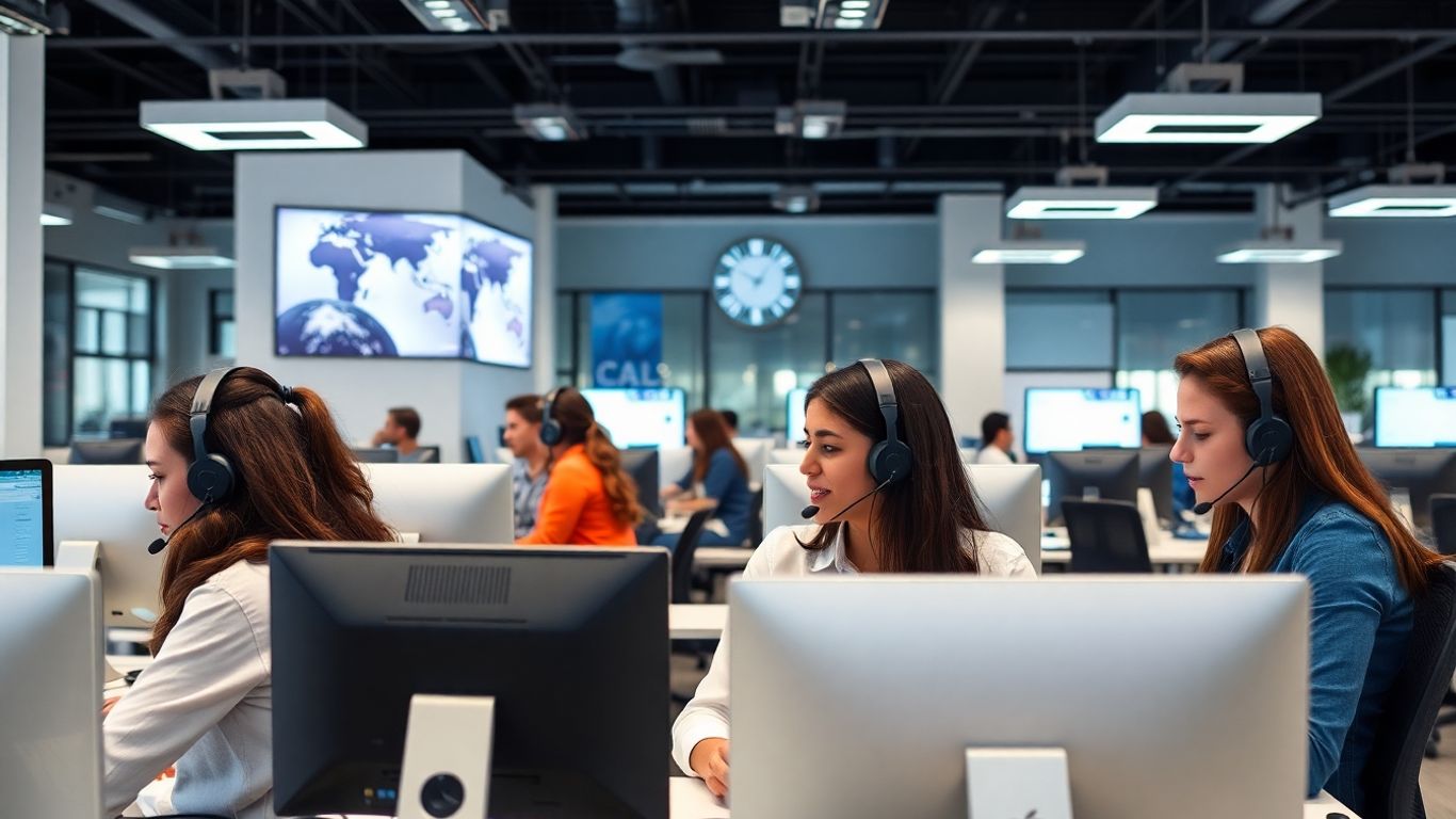 Diverse team in call center office working together